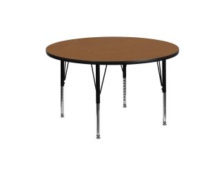 42" Round Oak Thermal Laminate Activity Table - Height Adjustable Short Legs