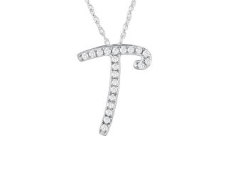 PARIKHS Diamond Initial Pendant Alphabet 'T' in 14K White Gold over Sterling Silver 0.10ct, IJK - I3