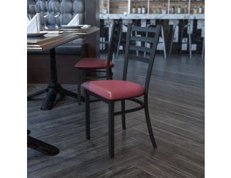 Black Ladder Back Metal Restaurant Chair - Burgundy Vinyl Seat