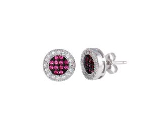 PARIKHS Rhodium Plated Clear and Red CZ Halo Stud Earring in 925 Sterling Silver
