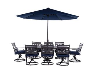 Montclair 9-Piece Dining Set in Navy Blue with 8 Swivel Rockers, 42-In. x 84-In. Table, 11 Ft. Umbre