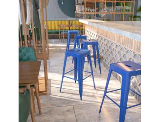Commercial Grade 30"H Backless Blue Metal Indoor-Outdoor Barstool, Square