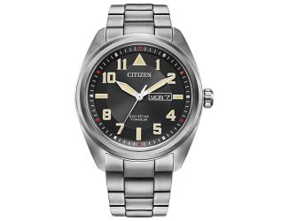 Men'sGarrison Eco-Drive watch, Silver-Tone Super Titanium Bracelet with Black dial