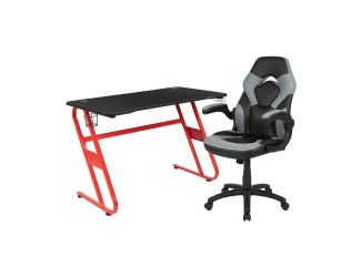 Red Gaming Desk and Gray/Black X10 Series Gaming Chair Set