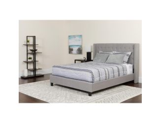 Queen Size Tufted Lt Gray Fabric Platform Bed with Accent Nail Trim & Mattress