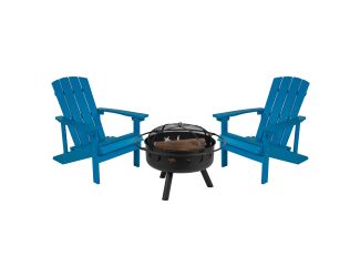 3pc Charlestown Adirondack Chair & Fire Pit Set: Blue
