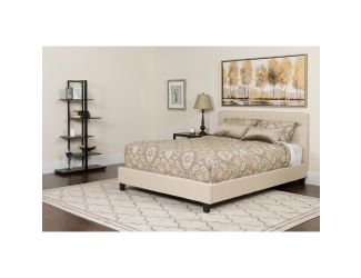 Full Size Button Tufted Upholstered Platform Bed in Beige Fabric with Mattress