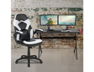 Black/White Gaming Desk Bundle - Cup/Headphone Holder, Wire Management