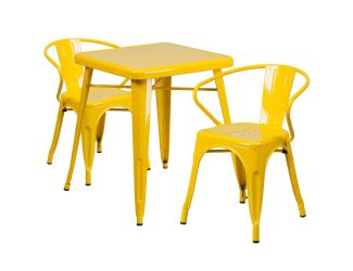 23.75" Square Yellow Metal Indoor-Outdoor Table Set with 2 Arm Chairs
