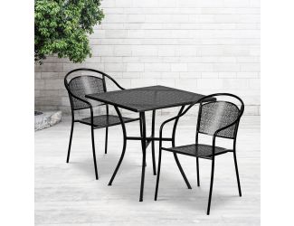 28" Square Black Indoor-Outdoor Steel Patio Table Set with 2 Round Back Chairs