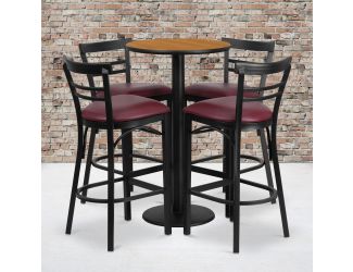 24" Round Natural Laminate Table w/ Round Base & 4 Ladder Back Metal Barstools
