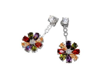 PARIKHS Rhodium Plated Multi Color Sun Flower Hanging Stud Earrings in 925 Sterling Silver