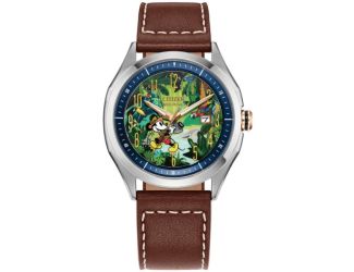 Unisex Mickey Mouse Explorer Brown Leather Strap Watch Green Dial