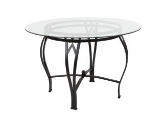 45" Round Glass Dining Table with Bowed Out Black Metal Frame