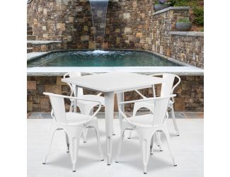 31.5" Square White Metal Indoor-Outdoor Table Set with 4 Arm Chairs
