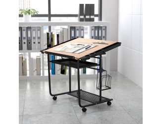 Adjustable Drawing and Drafting Table with Black Frame and Dual Wheel Casters