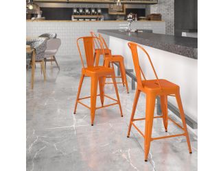 24" High Orange Metal Indoor-Outdoor Counter Height Stool with Back