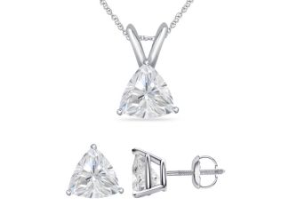 Bright White Pinnacle Trillion shape Lab Grown Diamond Screwback Set, 14K White Gold 1.20ct,GH, VVS