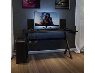 Black Computer Table Gaming Desk - Headphone Holder and 2 Cable Management Holes