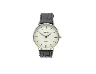 Men's Silver Quartz Black Leather Band Watch