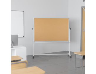 64.25"W x 64.75"H Reversible Mobile Cork Bulletin & White Board with Pen Tray