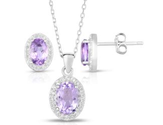 Oval Amethyst & White Topaz Earrings & Necklace Set