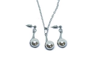 Silver Tone and Pearl Teardrop Necklace and Earring Set