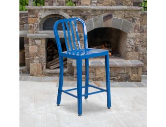 24" High Blue Metal Indoor-Outdoor Counter Height Stool with Vertical Slat Back