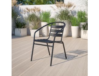 Black Metal Restaurant Stack Chair with Curved Back and Aluminum Slats