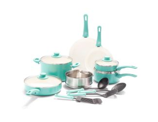 15pc Soft Grip Healthy Ceramic NS Cookware Set Turquoise