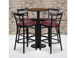 24" Round Walnut Laminate Table with Round Base & 4 Ladder Back Metal Barstools