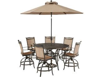 Fontana 7-Piece High-Dining Set with 6 Counter-Height Swivel Chairs, 60-In. Cast-Top Table, Umbrella