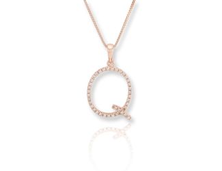 PARIKHS Initial Pendant Alphabet 'Q' in CZ with chain in 925 Sterling Silver with Rose Plating