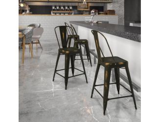 24" High Distressed Copper Metal Indoor-Outdoor Counter Height Stool with Back