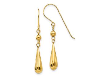 14K Grooved Puffed Teardrop Shepherd Hook Earrings