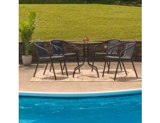 28" RD Glass Metal Table with Black Rattan Edging & 4 Black Rattan Stack Chairs