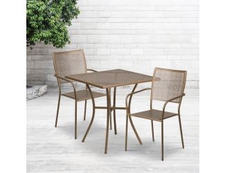 28" Square Gold Indoor-Outdoor Steel Patio Table Set with 2 Square Back Chairs