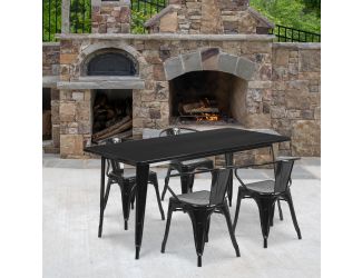 31.5" x 63" Rectangular Black Metal Indoor-Outdoor Table Set with 4 Arm Chairs