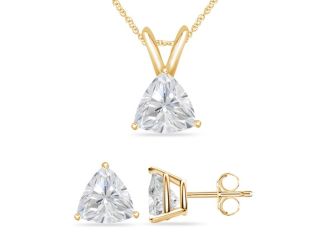Bright White Pinnacle Trillion Lab Grown Diamond Pendant-Stud Set, 14K Yellow Gold 1.20ct, GH, VVS