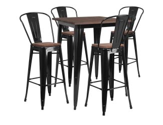 31.5" Square Black Metal Bar Table Set with Wood Top and 4 Stools