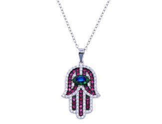 PARIKHS Rhodium Plated Hamsa Multicolor CZ Necklace in 925 Sterling Silver