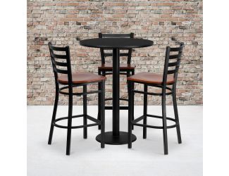30" Round Black Laminate Table Set with 3 Metal Barstools - Cherry Wood Seat