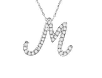 PARIKHS Diamond Initial Pendant Alphabet 'M' in 14K White Gold over Sterling Silver 0.15ct, IJK - I3