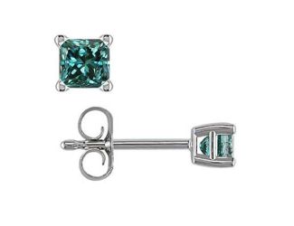 PARIKHS Blue Princess cut AA Quality Diamond Stud in White Gold over Sterling Silver, 0.12ct