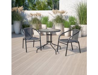 28" RD Glass Metal Table with Gray Rattan Edging and 2 Gray Rattan Stack Chairs