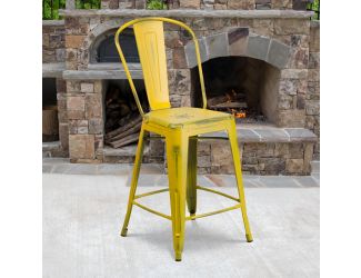 24" High Distressed Yellow Metal Indoor-Outdoor Counter Height Stool with Back