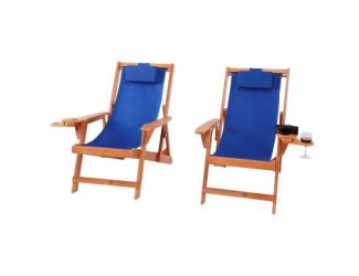 Romantic Collection - Canvas Sling Chair w/Beverage Holder, Set of 2 - Walnut, Blue