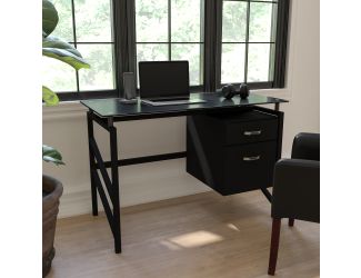 Two Drawer Pedestal Desk with Black Tempered Glass Top and Black Metal Frame