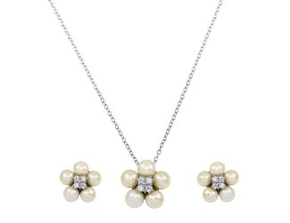 PARIKHS Rhodium Plated CZ Fresh Water Flower Pearl Necklace-Earring Set in 925 Sterling Silver