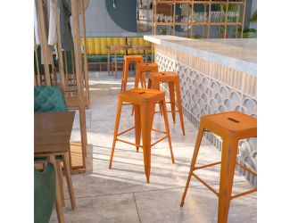 30" High Backless Distressed Orange Metal Indoor-Outdoor Barstool - Patio Chair